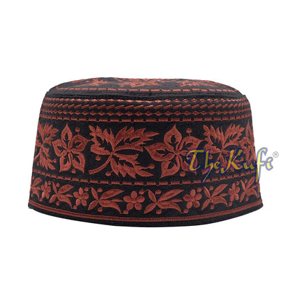 Dark Brown Omani African Yemeni Embroidered Leaf & Flower Design Muslim Kufi Hat