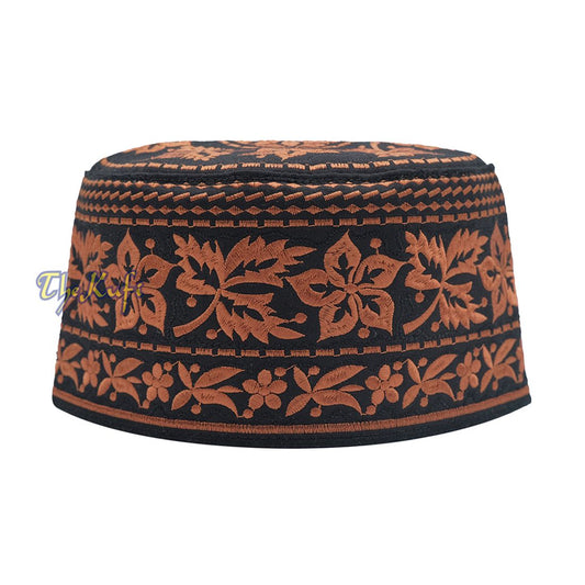 Rust Brown Omani African Yemeni Embroidered Leaf & Flower Design Muslim Kufi Hat