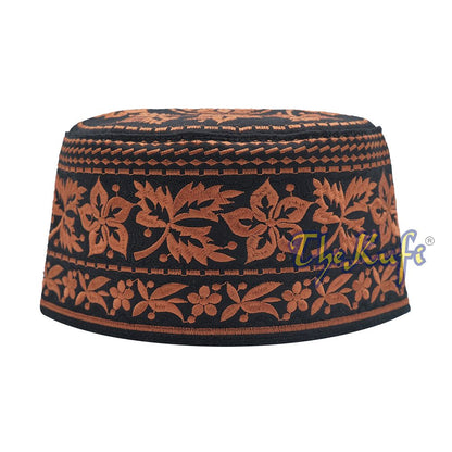 Rust Brown Omani African Yemeni Embroidered Leaf & Flower Design Muslim Kufi Hat