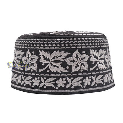 Silver Omani African Yemeni Embroidered Leaf & Flower Design Muslim Kufi Hat