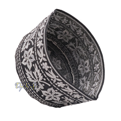 Silver Omani African Yemeni Embroidered Leaf & Flower Design Muslim Kufi Hat