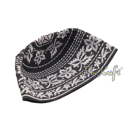 Silver Omani African Yemeni Embroidered Leaf & Flower Design Muslim Kufi Hat