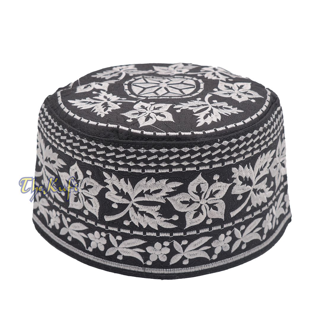 Silver Omani African Yemeni Embroidered Leaf & Flower Design Muslim Kufi Hat