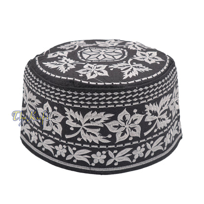 Silver Omani African Yemeni Embroidered Leaf & Flower Design Muslim Kufi Hat