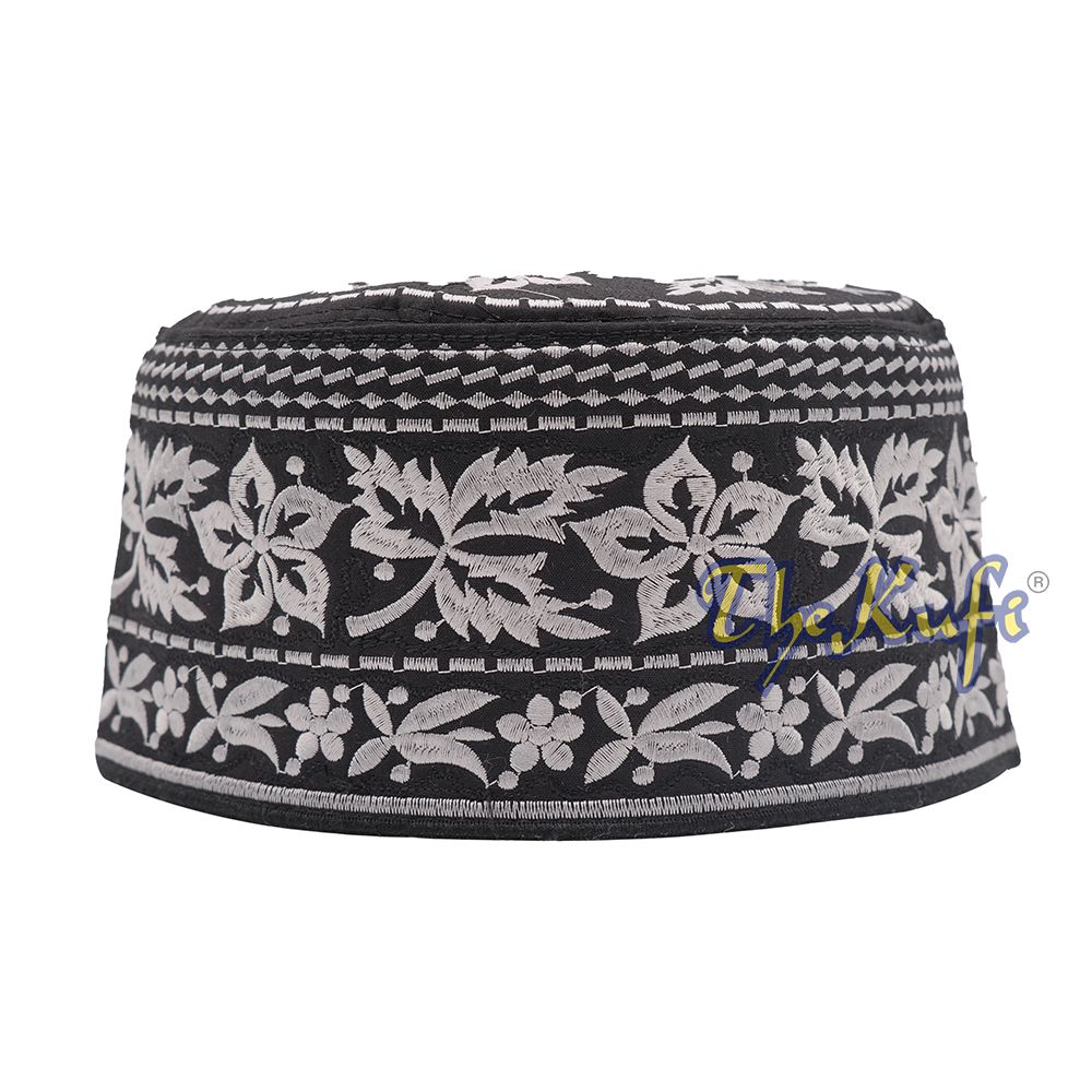 Silver Omani African Yemeni Embroidered Leaf & Flower Design Muslim Kufi Hat