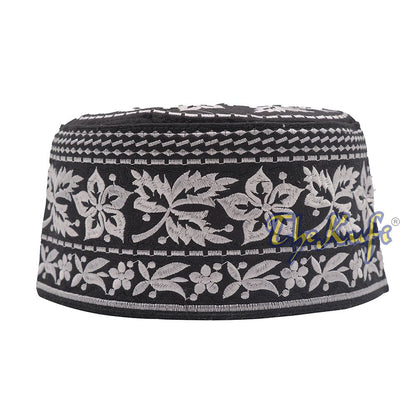 Silver Omani African Yemeni Embroidered Leaf & Flower Design Muslim Kufi Hat