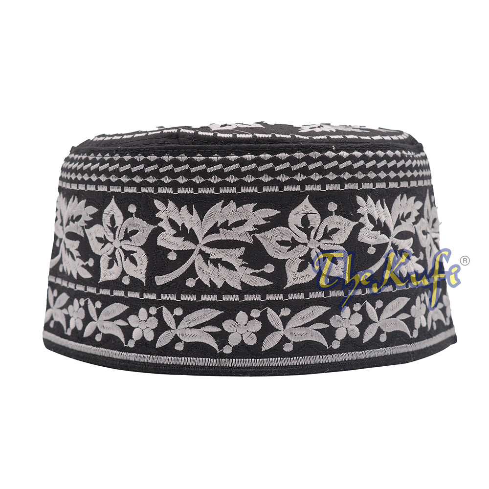 Silver Omani African Yemeni Embroidered Leaf & Flower Design Muslim Kufi Hat