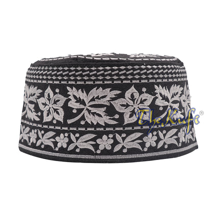 Silver Omani African Yemeni Embroidered Leaf & Flower Design Muslim Kufi Hat
