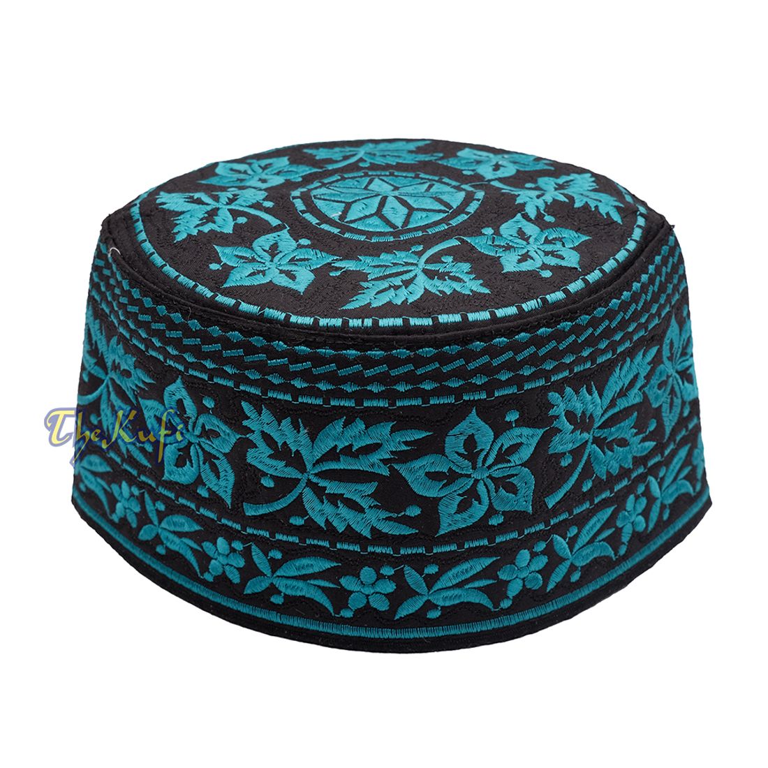 Turquoise Omani African Yemeni Embroidered Leaf & Flower Design Muslim Kufi Hat
