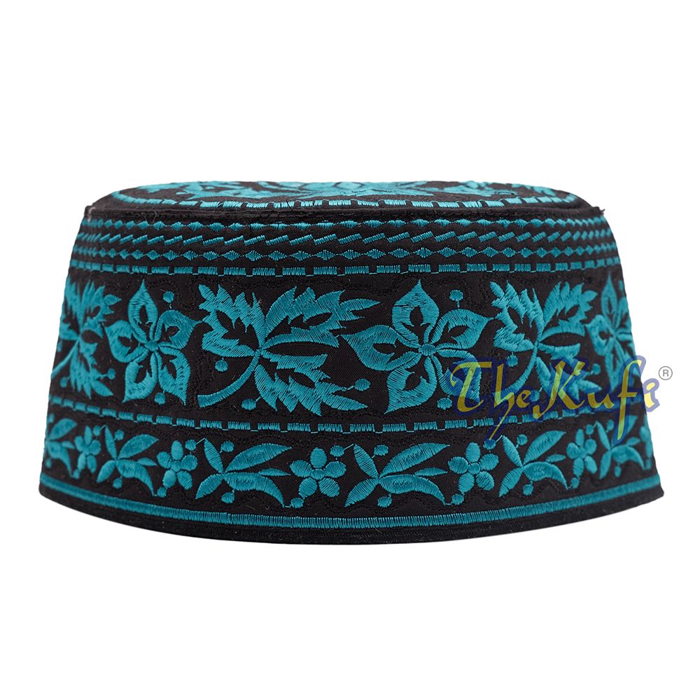 Turquoise Omani African Yemeni Embroidered Leaf & Flower Design Muslim Kufi Hat