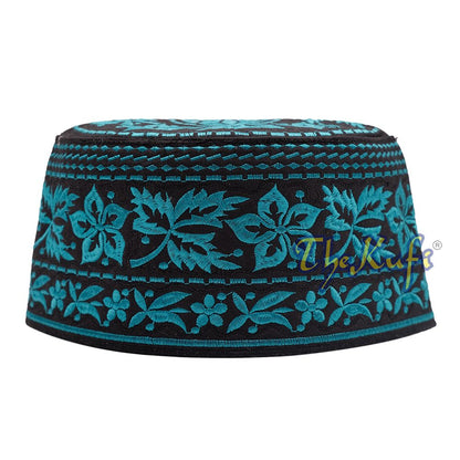 Turquoise Omani African Yemeni Embroidered Leaf & Flower Design Muslim Kufi Hat