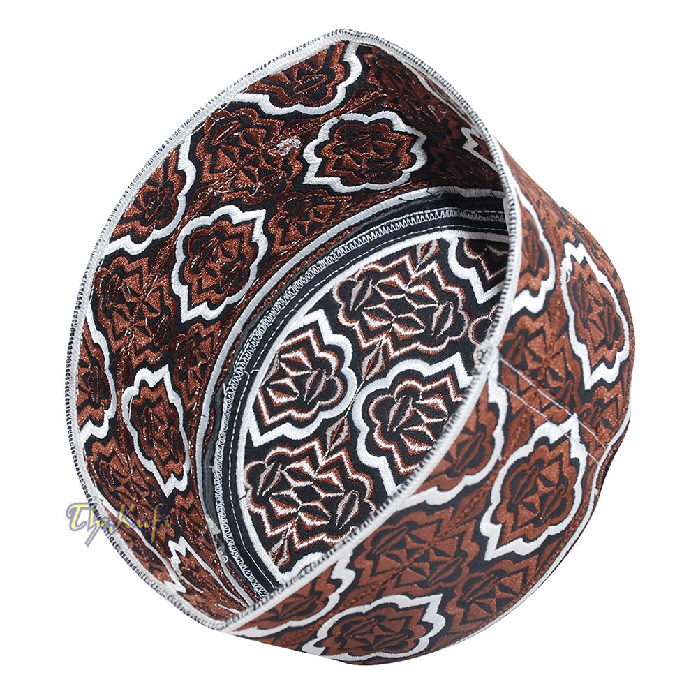 Tall Brown White Omani-Style African Kenyan Muslim Kufi Hat 4-inch Embroidered Minar Arabesque Motif Tupi