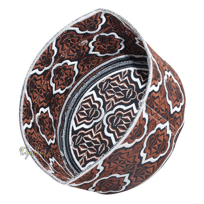 Tall Brown White Omani-Style African Kenyan Muslim Kufi Hat 4-inch Embroidered Minar Arabesque Motif Tupi