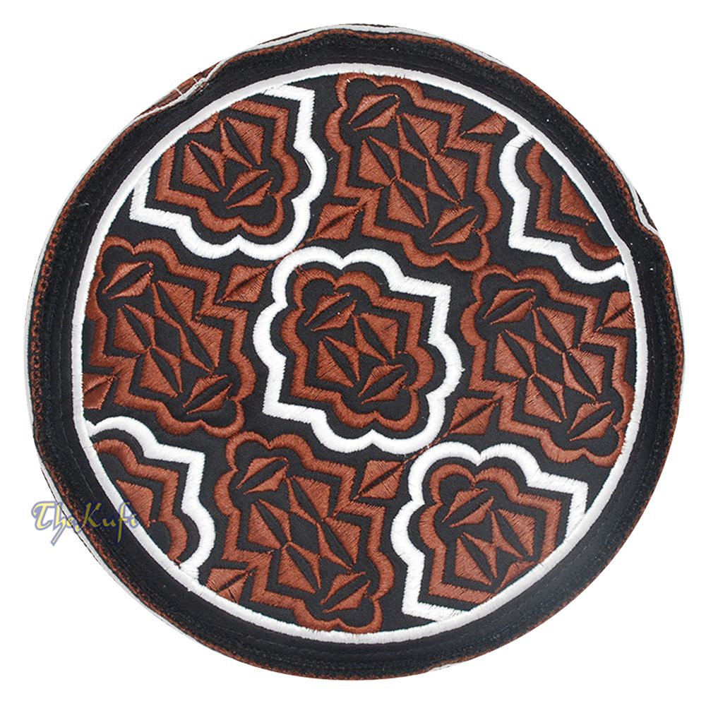 Tall Brown White Omani-Style African Kenyan Muslim Kufi Hat 4-inch Embroidered Minar Arabesque Motif Tupi