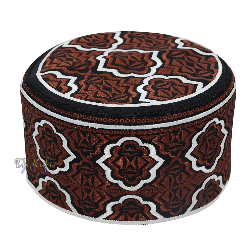 Tall Brown White Omani-Style African Kenyan Muslim Kufi Hat 4-inch Embroidered Minar Arabesque Motif Tupi