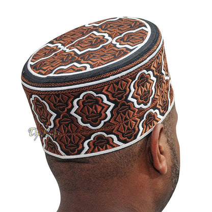 Tall Brown White Omani-Style African Kenyan Muslim Kufi Hat 4-inch Embroidered Minar Arabesque Motif Tupi