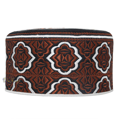 Tall Brown White Omani-Style African Kenyan Muslim Kufi Hat 4-inch Embroidered Minar Arabesque Motif Tupi