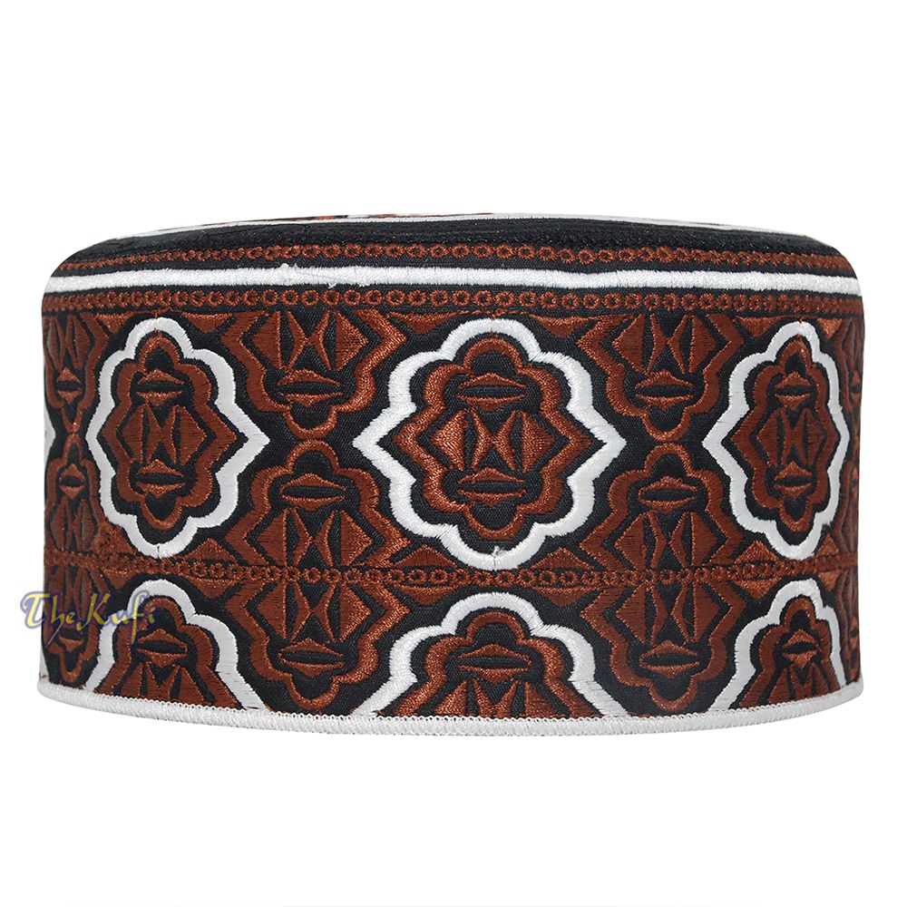 Tall Brown White Omani-Style African Kenyan Muslim Kufi Hat 4-inch Embroidered Minar Arabesque Motif Tupi