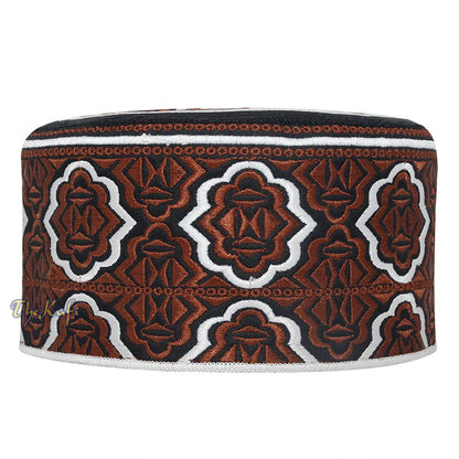 Tall Brown White Omani-Style African Kenyan Muslim Kufi Hat 4-inch Embroidered Minar Arabesque Motif Tupi
