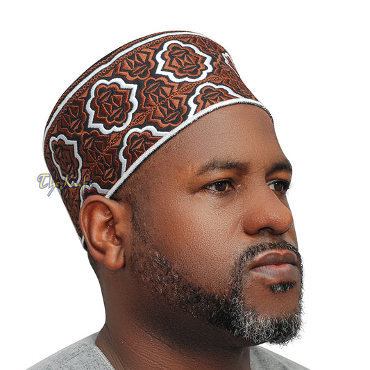 Topi Kufi Muslim Afrika Kenyan Putih Coklat Tinggi 4-inci Motif Arabesque Bersulam Minar Tupi