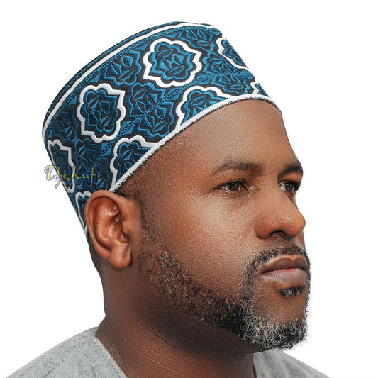Tinggi Biru Tua Putih Oman Gaya Afrika Kenyan Muslim Topi Kufi 4-inci Bersulam Minar Arabesque Motif Dasar Hitam Tudung Doa Tupi Hadiah Hari Raya