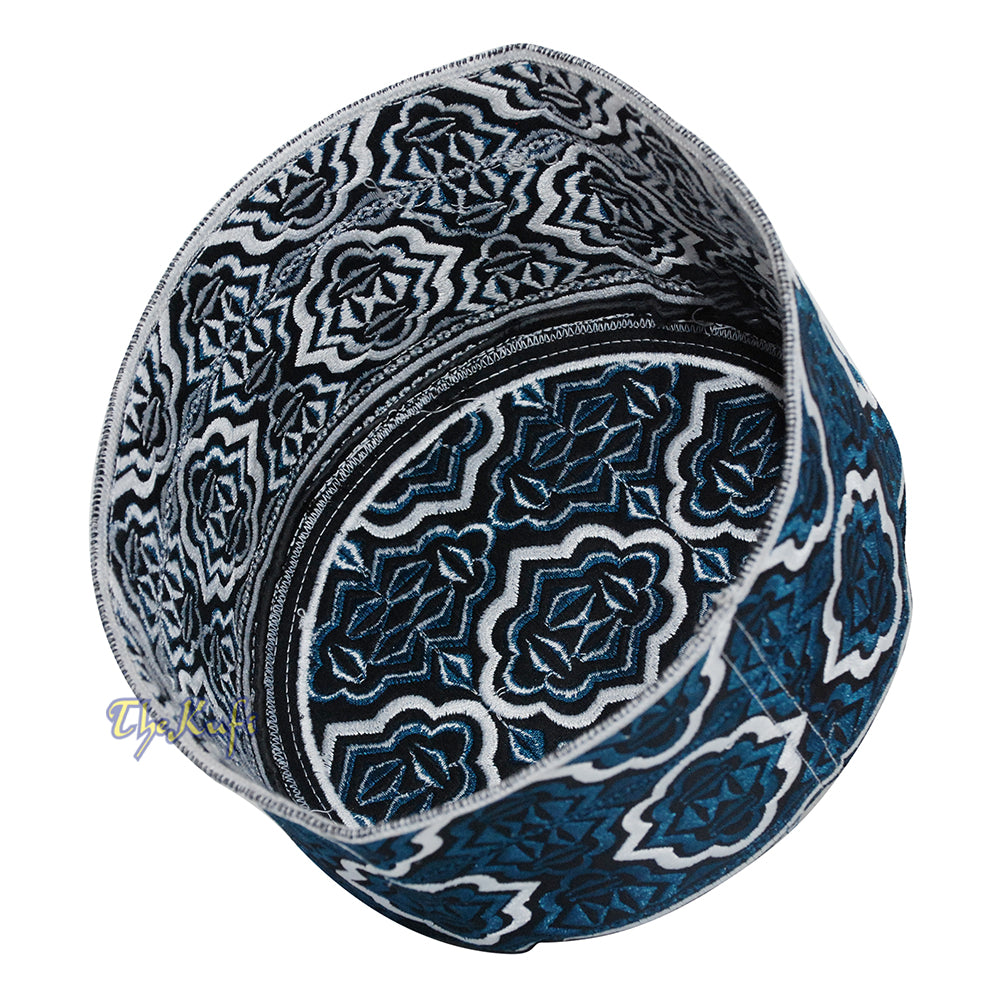 Tall Dark Blue White Omani-Style African Kenyan Muslim Kufi Hat 4-inch Embroidered Minar Arabesque Motif Black Base