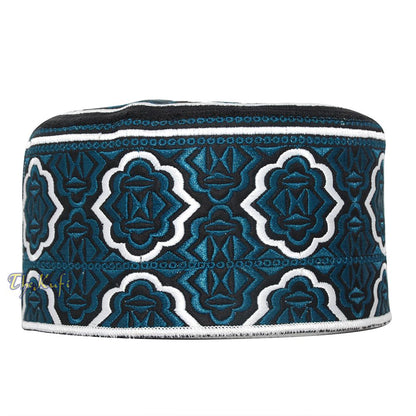 Tall Dark Blue White Omani-Style African Kenyan Muslim Kufi Hat 4-inch Embroidered Minar Arabesque Motif Black Base