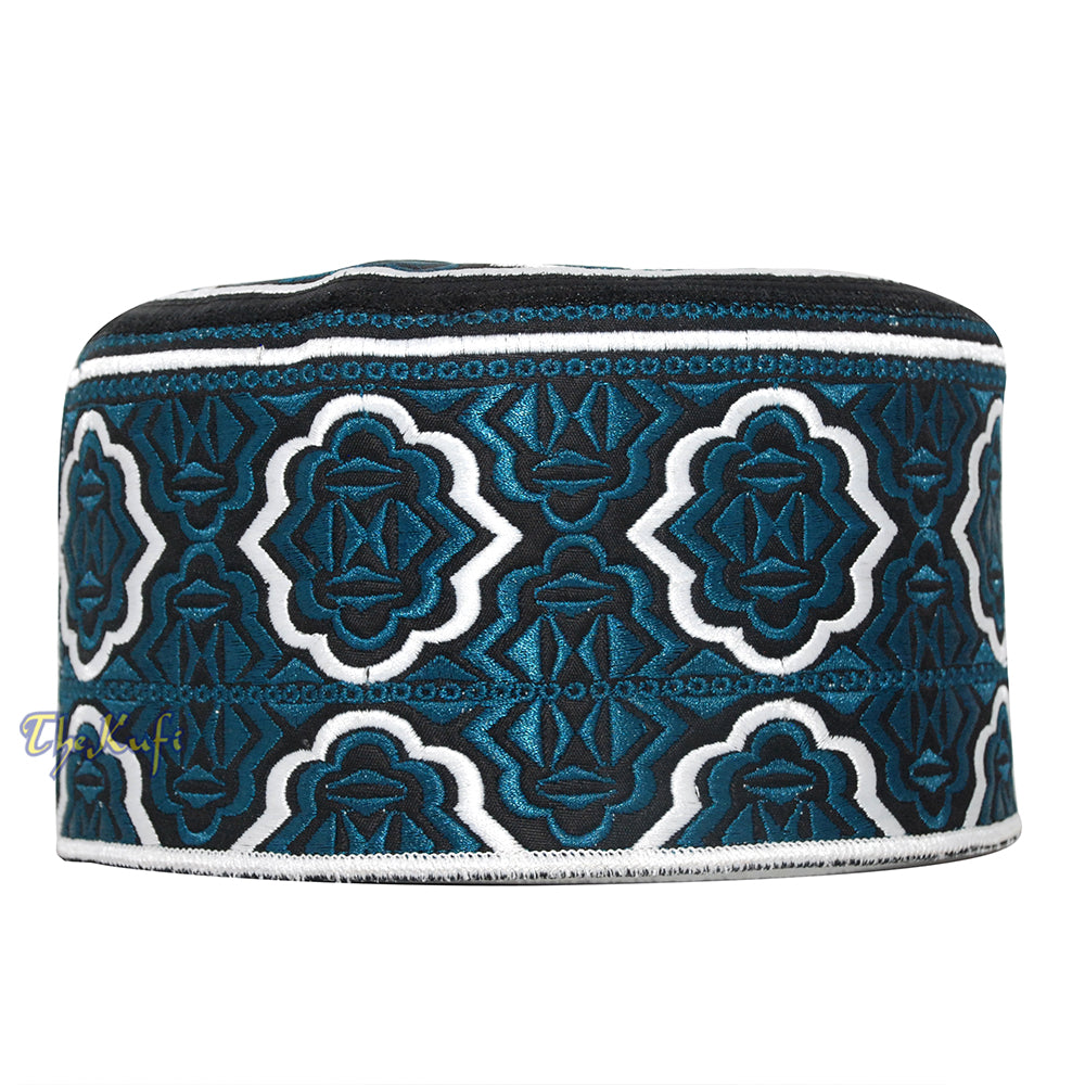 Tall Dark Blue White Omani-Style African Kenyan Muslim Kufi Hat 4-inch Embroidered Minar Arabesque Motif Black Base