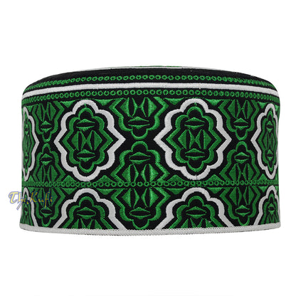 Madinah Green Muslim Omani Kufi Hat 4-Inch Tall Minar Design Black White Accent Islamic African Fashion Prayer Cap