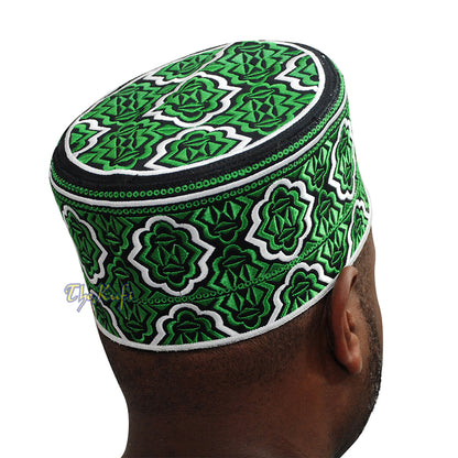 Madinah Green Muslim Omani Kufi Hat 4-Inch Tall Minar Design Black White Accent Islamic African Fashion Prayer Cap