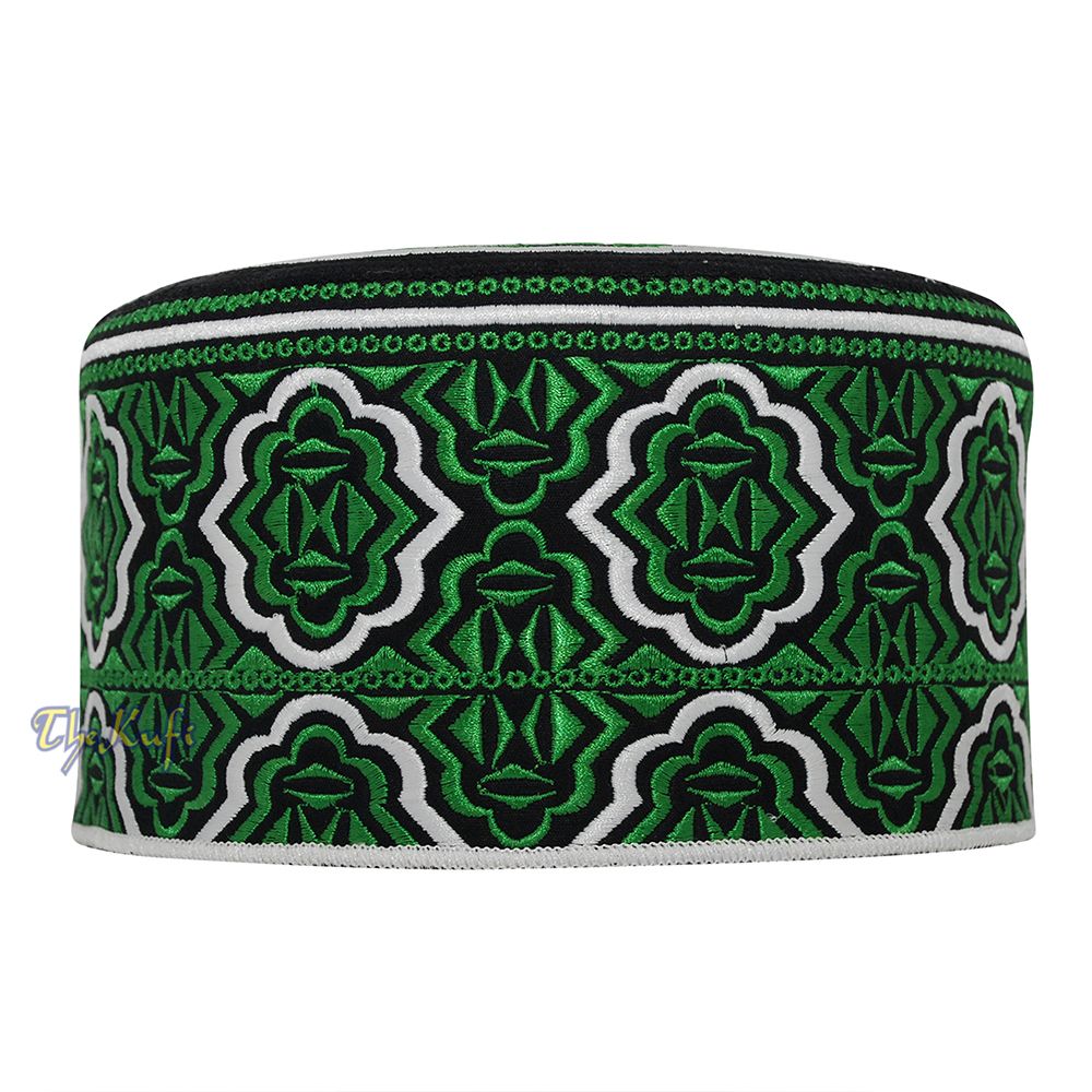 Madinah Green Muslim Omani Kufi Hat 4-inch Tall Minar Design Black White Accent Islamic African Fashion Prayer Cap