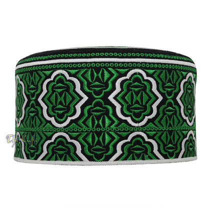 Madinah Green Muslim Omani Kufi Hat 4-inch Tall Minar Design Black White Accent Islamic African Fashion Prayer Cap