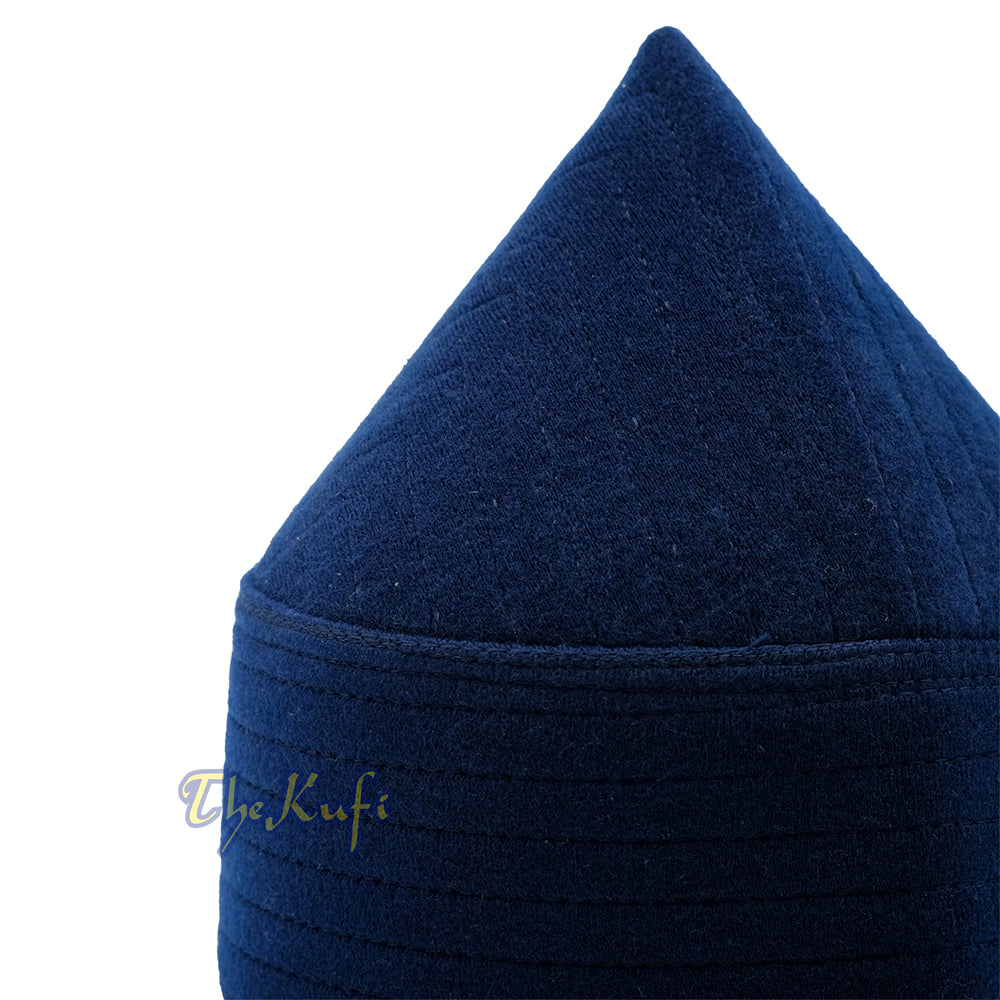 Navy Blue Naqshibandi Sufi Taj Faux Felt Stitching Pointed Desing Top Padded Kufi Hat