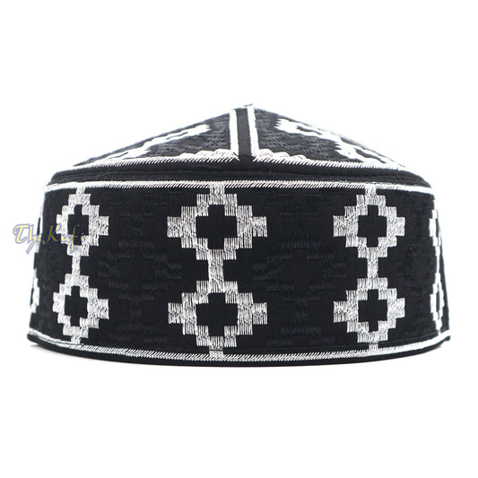 Exclusive Black & Silver-Tone Embroidery Vertical Diamond Pattern Round Kufi Semi-Rigid Peak-Top Crown Moslem Hat