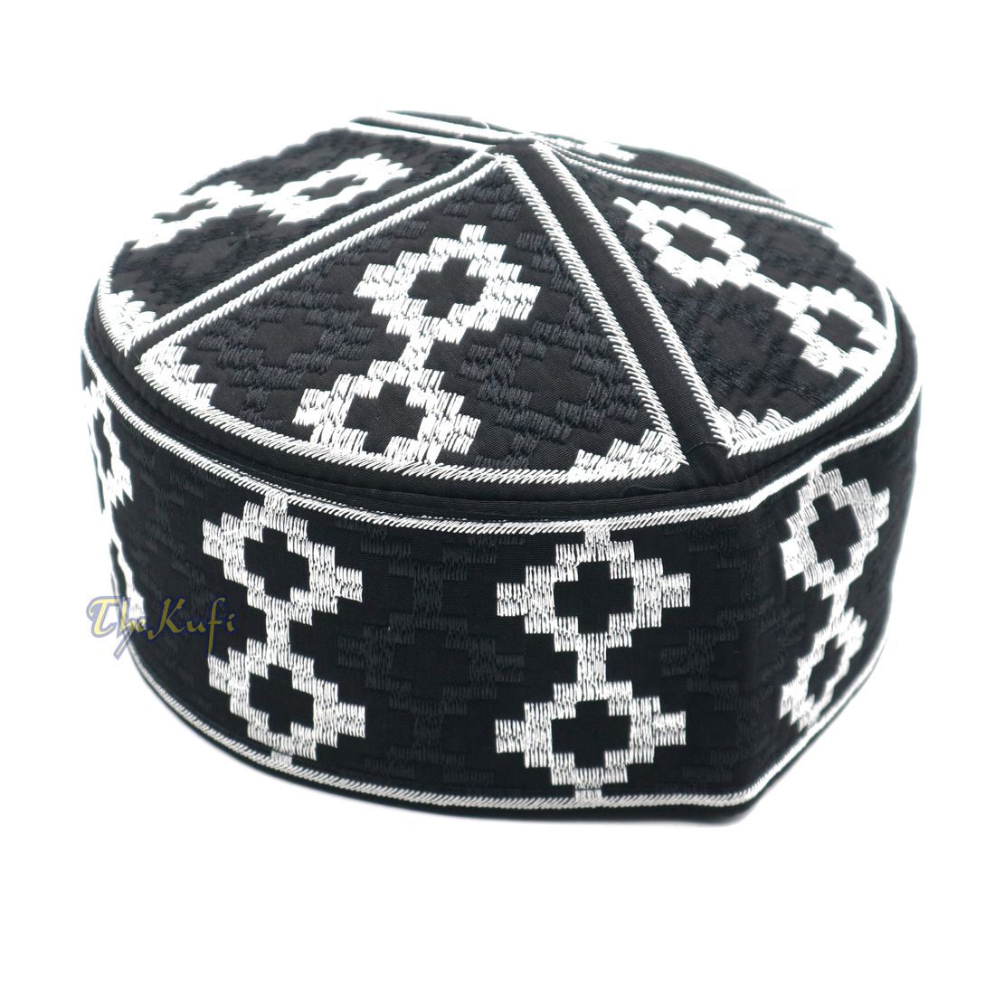 Exclusive Black & Silver-tone Embroidery Vertical Diamond Pattern Round Kufi Semi-rigid Peak-top Crown Moslem Hat