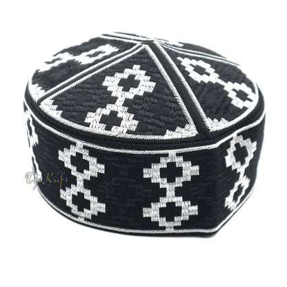 Exclusive Black & Silver-Tone Embroidery Vertical Diamond Pattern Round Kufi Semi-Rigid Peak-Top Crown Moslem Hat