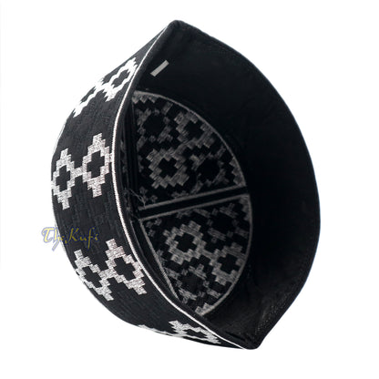 Exclusive Black & Silver-Tone Embroidery Vertical Diamond Pattern Round Kufi Semi-Rigid Peak-Top Crown Moslem Hat