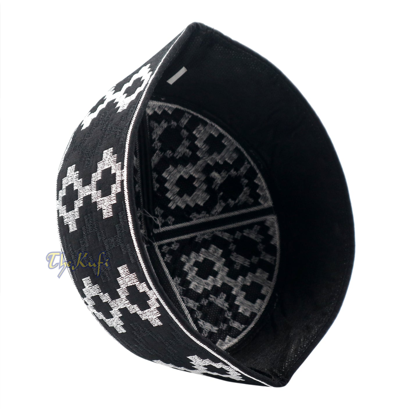 Sulaman Eksklusif Warna Hitam &amp; Perak Corak Berlian Menegak Kufi Bulat Separa Tegar Topi Moslem Mahkota Puncak Atas