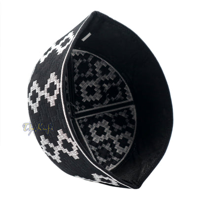 Sulaman Eksklusif Warna Hitam &amp; Perak Corak Berlian Menegak Kufi Bulat Separa Tegar Topi Moslem Mahkota Puncak Atas