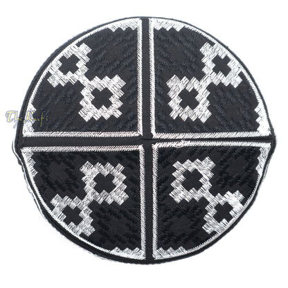 Exclusive Black & Silver-Tone Embroidery Vertical Diamond Pattern Round Kufi Semi-Rigid Peak-Top Crown Moslem Hat