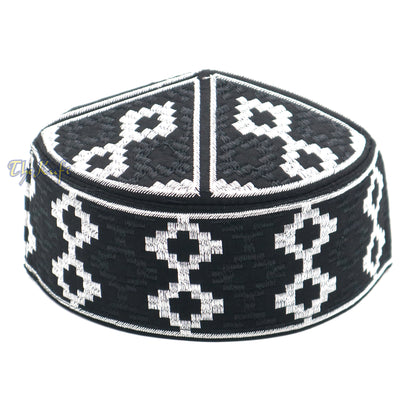 Exclusive Black & Silver-Tone Embroidery Vertical Diamond Pattern Round Kufi Semi-Rigid Peak-Top Crown Moslem Hat