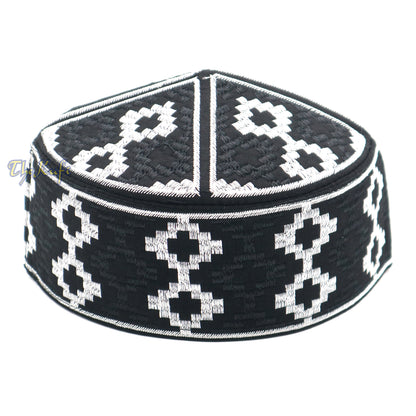 Sulaman Eksklusif Warna Hitam &amp; Perak Corak Berlian Menegak Kufi Bulat Separa Tegar Topi Moslem Mahkota Puncak Atas