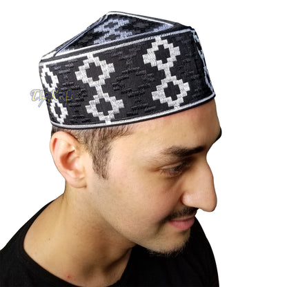 Exclusive Black & Silver-Tone Embroidery Vertical Diamond Pattern Round Kufi Semi-Rigid Peak-Top Crown Moslem Hat