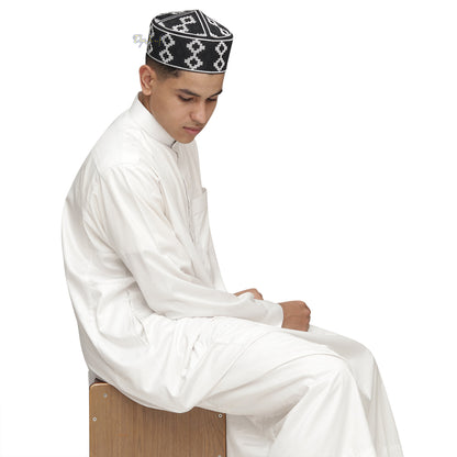 Exclusive Black & Silver-Tone Embroidery Vertical Diamond Pattern Round Kufi Semi-Rigid Peak-Top Crown Moslem Hat