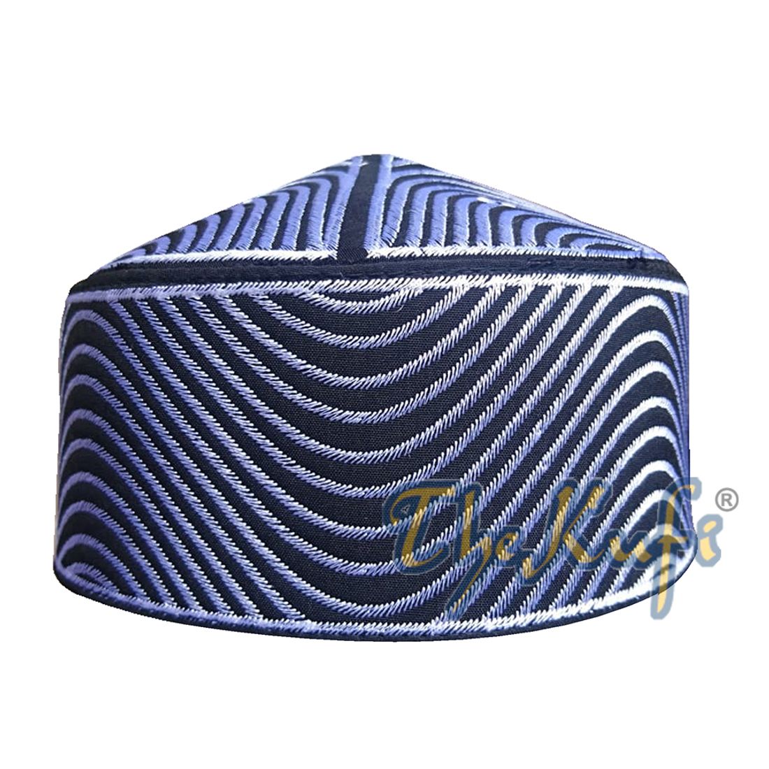 Exclusive Black Round Peak-top Wave Design Kufi Hat with Silver-tone Embroidery Semi-rigid Taj Crown Cap