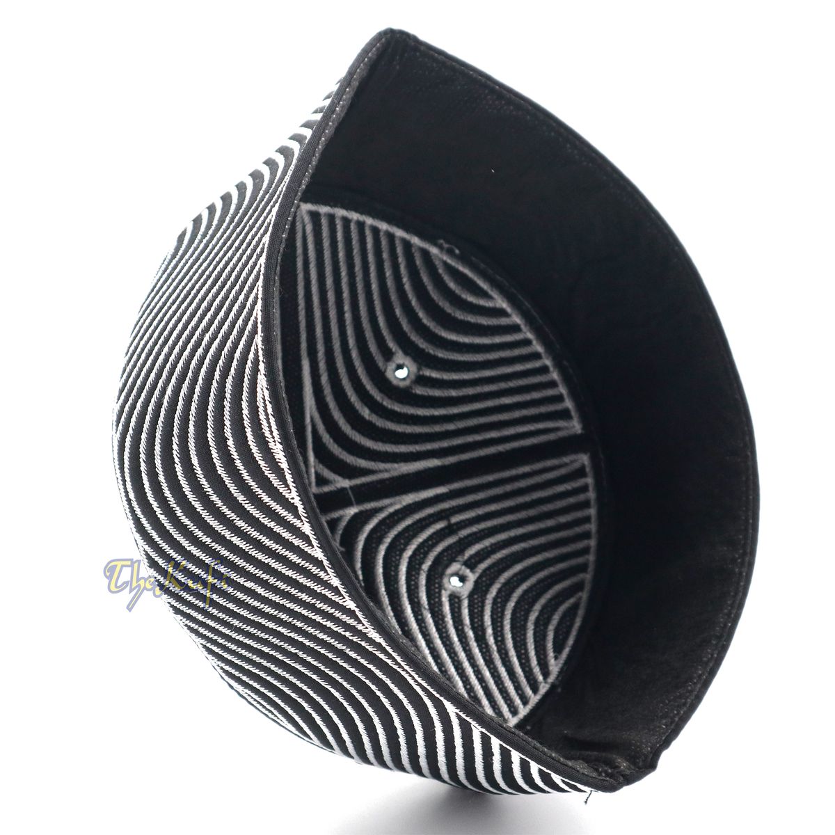 Exclusive Black Round Peak-Top Wave Design Kufi Hat with Silver-Tone Embroidery Semi-Rigid Taj Crown Cap