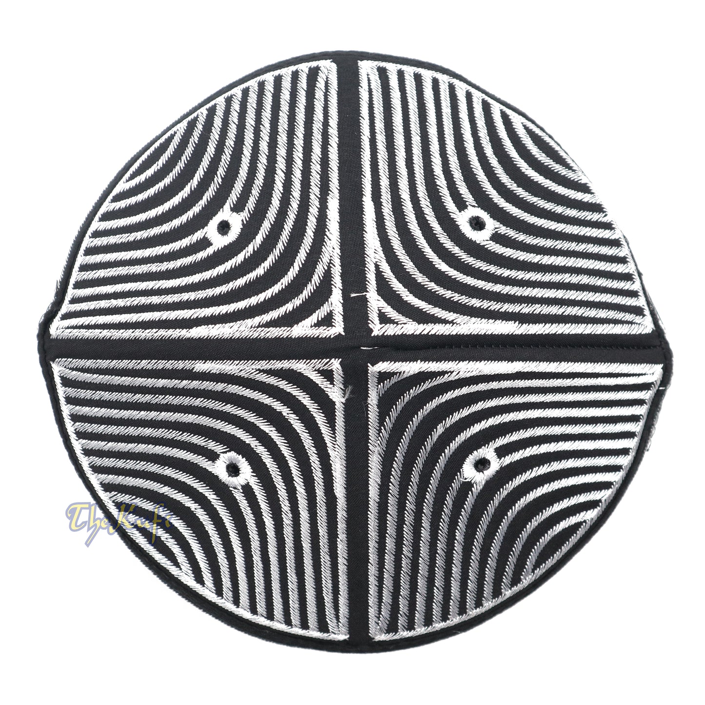Exclusive Black Round Peak-Top Wave Design Kufi Hat with Silver-Tone Embroidery Semi-Rigid Taj Crown Cap