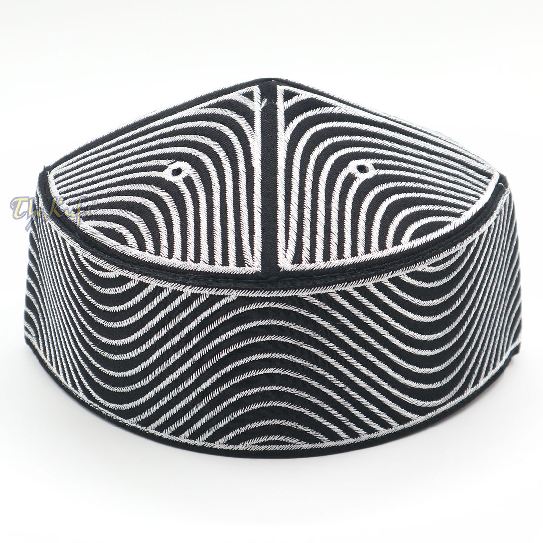 Exclusive Black Round Peak-top Wave Design Kufi Hat with Silver-tone Embroidery Semi-rigid Taj Crown Cap