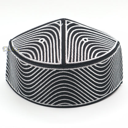 Exclusive Black Round Peak-Top Wave Design Kufi Hat With Silver-Tone Embroidery Semi-Rigid Taj Crown Cap