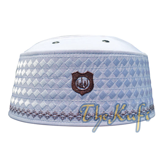 White Rigid Brown Embroidered Habaib Kufi with 4 Holes